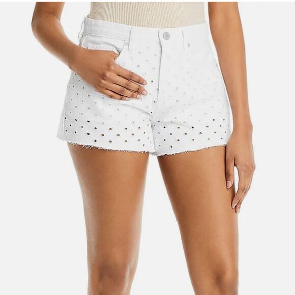 BLANKNYC The Barrow Vintage High Waist Eyelet Raw Hem Denim Shorts White Size 27 - Picture 1 of 13